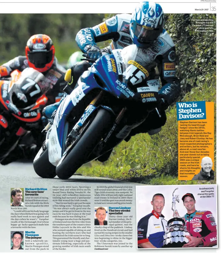  ??  ?? Archibald (left) and Farquhar shared the spoils at the 2004 TT The main protagonis­ts Finnegan (45) and Farquhar (77) battled at close quarters throughout 2004