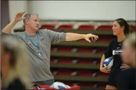  ?? (NWA Democrat-Gazette/Andy Shupe) ?? Arkansas volleyball Coach Jason Watson (left) will see his team start the season on Sept. 4 at TCU in Fort Worth after the SEC delayed the start of three fall sports until Aug. 31.