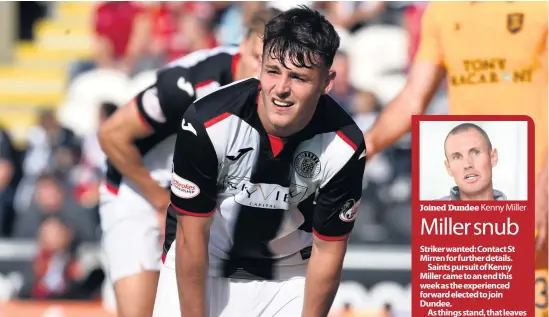  ??  ?? Air of gloom Danny Mullen cuts a dejected figure during last weekend’s 2-0 defeat to Livingston Joined Dundee Kenny Miller