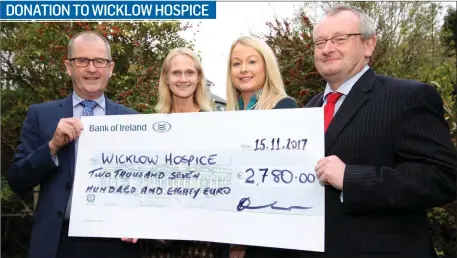  ??  ?? Former colleagues of the late Trevor Foot from Ashford recently presented the Wicklow Hospice Foundation with a cheque for €2,780 in memory of their late friend. Trevor worked in the Bank Of Ireland for 37 years and his close friend and colleague Ronan...