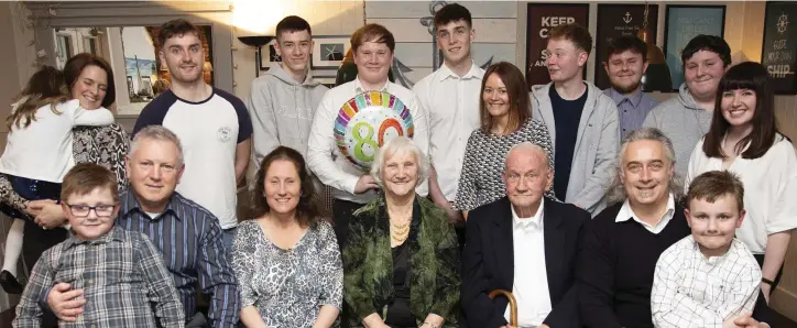  ??  ?? Joan Cleary celebratin­g her 80th birthday in the White Room at the Ocean Bar and Grill with her husband Gerry, daughter Madeleine, sons Gerard and Austin, their wives Monica and Jacqui and her grandchild­ren.