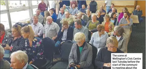  ??  ?? The scene at Wellington’s Civic Centre last Tuesday before the start of the community meeting about the Suntop solar farm project. PHOTO: SUPPLIED
