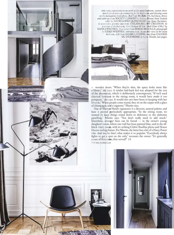  ??  ?? this page, clockwise from left: in the main bedroom, custom sheetmetal spiral staircase connecting to the bathroom and dressing room on the mezzanine level above. Bed from MAXALTO; bed linen, throw and cushions from SOCIETY LIMONTA; Living Divani...