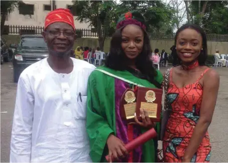  ??  ?? Miss Ameze Evbuomwan (middle) with her father, Mr. Jude Evbuomwan and sister Iyobosa, when she graduated with first class in Computer Engineerin­g at Covenant University, Ota, Ogun State… recently