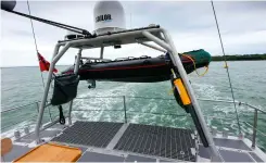  ??  ?? Left: one of two Bombard C5s on davits above hinged ‘bomb bay’ doors above stern scoop.