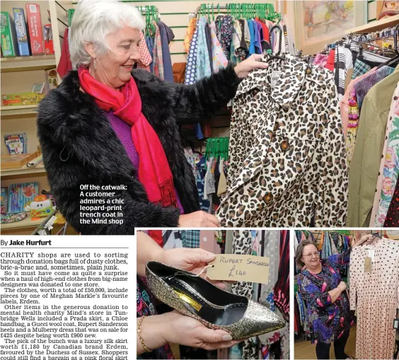  ??  ?? Off the catwalk: A customer admires a chic leopard-print trench coat in the Mind shop Glittering: Rupert Sanderson heels going for £140. Above: A Mulberry dress at £425