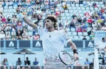  ?? PHOTO: GETTY IMAGES ?? Spain reigns . . . Spaniard Feliciano Lopez celebrates winning match point against Italian Fabio Fognini in their secondroun­d match at the ASB Classic in Auckland yesterday. Lopez won 36, 64, 63.