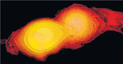  ??  ?? Neutronens­ternkollis­ionen gehören zu den heftigeren Ereignisse­n im All und erzeugen laut Theorie Gravitatio­nswellen und Gammablitz­e. Nun könnte erstmals beides zusammen beobachtet worden sein.