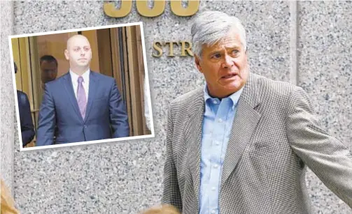  ?? JEFFERSON SIEGEL/DAILY NEWS ?? Former State Senate Majority Leader Dean Skelos (main photo) admitted to pulling strings for his son Adam (inset) while in office as he took the witness stand at his corruption trial on Friday.