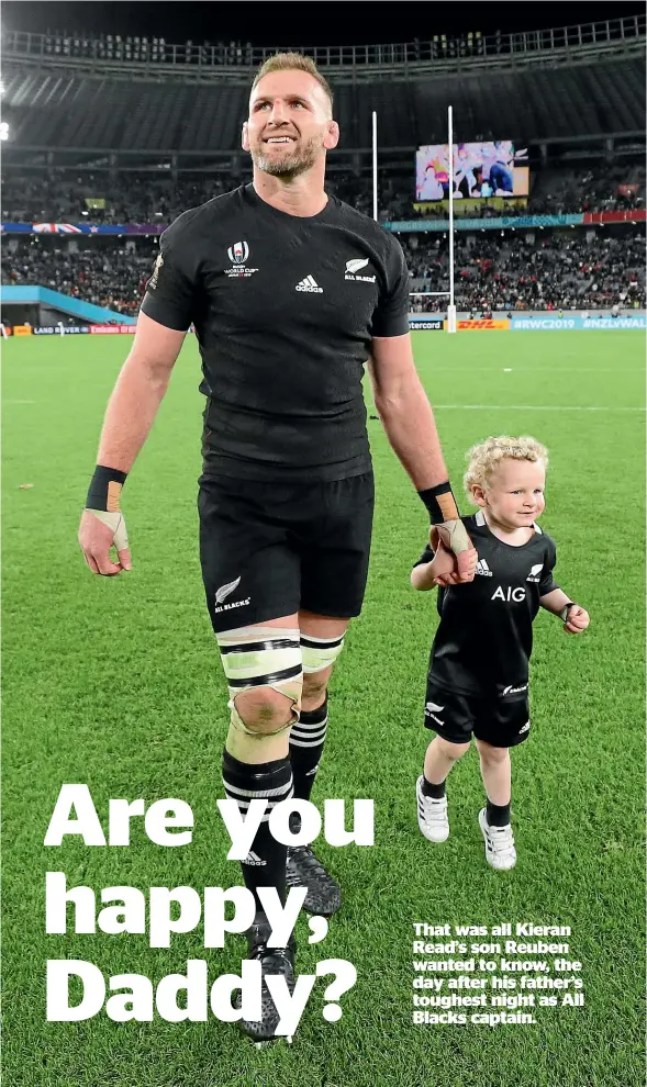  ?? GETTY IMAGES ?? Kieran Read and 2-year-old son Reuben after Read’s final appearance for the All Blacks in the World Cup third-place playoff against Wales.