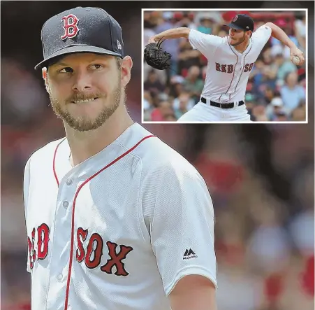  ?? STAFF PHOTO BY NANCY LANE ?? MOWING THEM DOWN: Chris Sale, who fanned 13 batters, heads to the dugout after striking out the side in the fifth inning of the Red Sox’ 5-0 victory against the Seattle Mariners yesterday at Fenway Park.