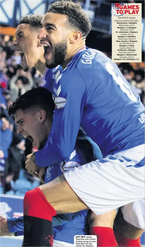  ??  ?? LIFT OFF James Tavernier and Connor Goldson jump on Ianis Hagi after his late winner for Rangers