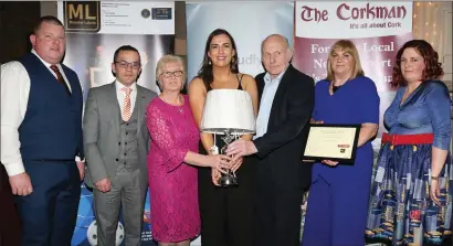  ??  ?? Bríd O’Sullivan presenting the Hall of Fame Award to Tim and Esther Fitzpatric­k of Liscarroll Athletic Club at the Mallow &amp; District Sports &amp; Leisure Awards at Springfort Hall Hotel. Also included are committee members Neil Sexton and Róisín Moriarty, Pat Whelan of Munster Labels (sponsor), and Siobhan Murphy, General Manager at The Corkman (sponsor).