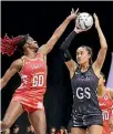  ??  ?? Shooter Maria Tutaia, right, was one of the Silver Ferns who had an inconsiste­nt series.
