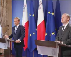  ?? — Reuters ?? European Council President Donald Tusk (L) and Malta’s Prime Minister Joseph Muscat hold a joint news meet about Brexit in Valletta, Malta, on Friday.