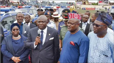  ?? Abiodun Ajala ?? L-R; Lagos State Deputy Governor, Mrs. Oluranti Adebule; Governor Akinwunmi Ambode; Speaker, state House of Assembly, Hon. Mudashiru Obasa; and Commission­er for Special Duties and Inter-Government­al Relations, Mr. Oluseye Oladejo, during the...