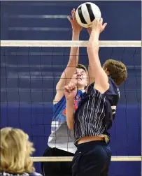  ?? Photos by Jerry Silberman / risportsph­oto.com ?? Junior All-State setter Brett Gould (right) and the Mount St. Charles volleyball team suffered its first defeat of the season, a sweep at the hands of state champ South Kingstown Thursday.