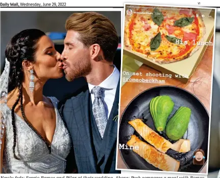  ?? ?? Newly feds: Sergio Ramos and Pilar at their wedding. Above: Posh compares a meal with Romeo
