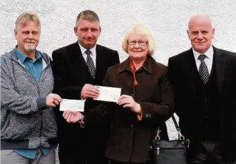  ??  ?? Cash boost Councillor Walter Brogan, left, and Robert Birrell and Matthew Boyle, right, of Birrell Corrance Funeral Directors with Summerfest’s Liz Watson