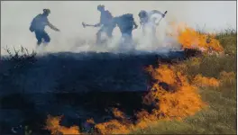  ?? PHOTOS BY KENT PORTER — THE PRESS DEMOCRAT ?? A Cal Fire’s crew assists in putting out a 12-acre brush fire in Larkfield on Thursday.