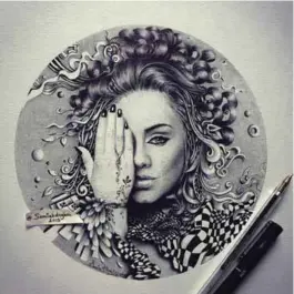  ??  ?? Her version of Adele (2015): "I added some of my doodles and I used black ballpoint pen and a uni-pen for the mini black squares."