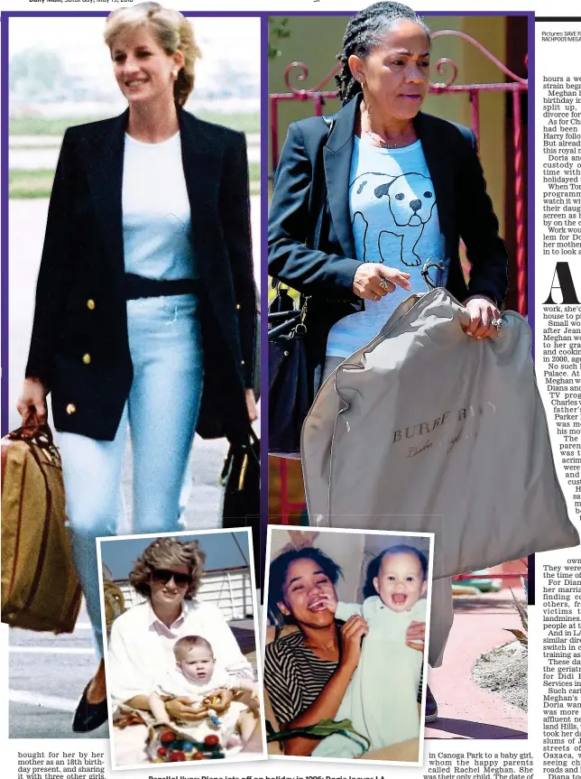  ?? Pictures: DAVE PARKER/ALPHA; SNORLAX/ RACHPOOT/MEGA; PA; TIM STEWART NEWS LIMITED ?? Parallel lives: Diana jets off on holiday in 1996; Doria leaves LA this week. Inset, Diana and baby Harry, Doria and baby Meghan