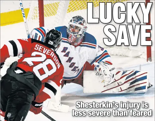  ?? Getty Images ?? PHEW! Rangers goalie Igor Shesterkin, who left Thursday’s 6-1 win after making a third-period save on the Devils’ Damon Severson, has only a “mild groin strain,” the team announced on Friday.