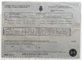  ?? ?? Bethan has obtained the death certificat­e for her 3x great grandmothe­r Catherine Bird, who died only weeks after she had given birth to a son