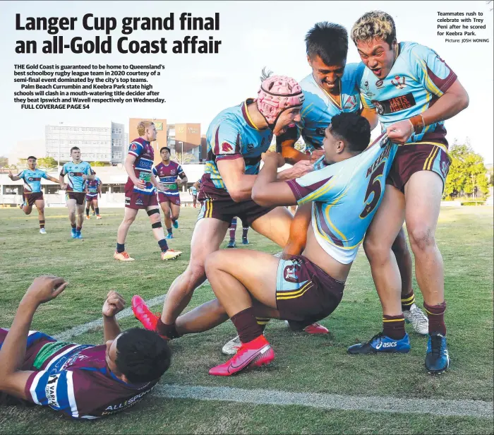  ?? Picture: JOSH WONING ?? Teammates rush to celebrate with Trey Peni after he scored for Keebra Park.