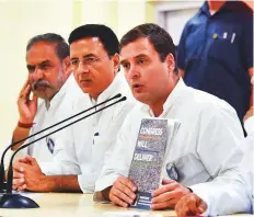  ?? PTI ?? Congress President Rahul Gandhi addresses a press conference at the party headquarte­rs in New Delhi yesterday, ahead of the fifth phase of the Lok Sabha polls.