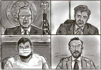  ?? Ken Ellis / Staff illustrati­on ?? Joshua Lollar, clockwise from bottom left, appeared before U.S. Magistrate Judge Andrew Edison in Houston. Assistant U.S. Attorney Robert Johnson opposed release on bond until Lollar gives up his guns. Also appearing at the hearing was a public defender.