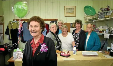  ?? PHOTO: BEV LACEY ?? HAPPY BIRTHDAY: Betty Reid (front) turned 90 this week and has spent the past 38 years volunteeri­ng at The Good Samaritan Shop with some of her fellow volunteers (back, from left) Audrey Hanson, Mary Schloss, Vera Cooper, Kaylene Stehn and Audrey Wode.
