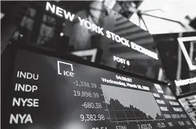  ?? Johannes Eisele / AFP via Getty Images ?? A screen shows the graph of the plunging Dow industrial average after closing bell at the New York Stock Exchange on Wednesday.