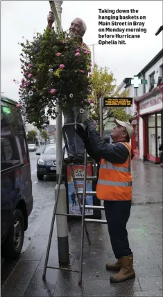  ??  ?? Taking down the hanging baskets on Main Street in Bray on Monday morning before Hurricane Ophelia hit.