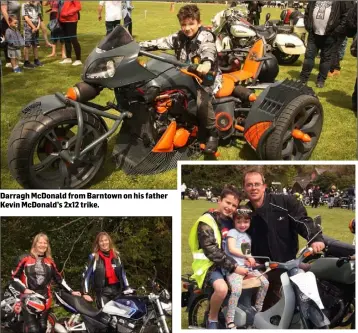  ??  ?? Darragh McDonald from Barntown on his father Kevin McDonald’s 2x12 trike. Sisters Mary O’Leary, Ardcavan, and Ros McGuinness, Barntown. Brendan McGraynor with his children Jack and Abbie on his 1966 Honda 50.