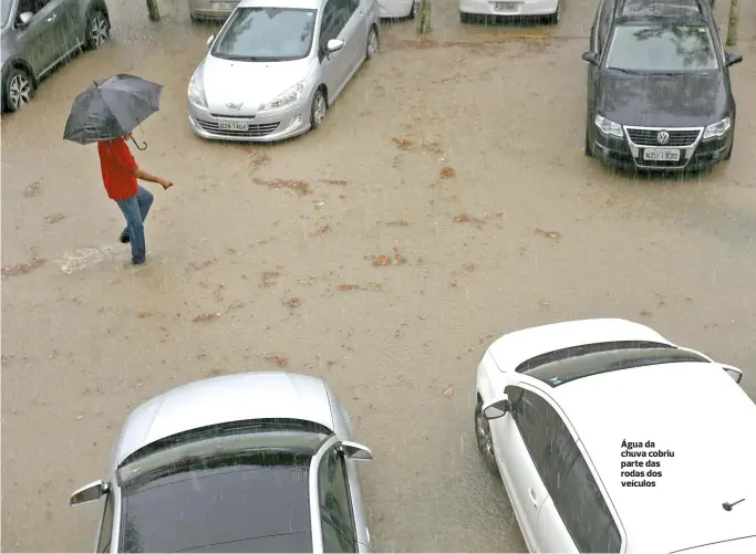  ??  ?? Água da chuva cobriu parte das rodas dos veículos