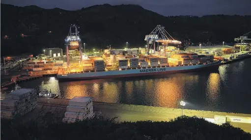  ?? PHOTO: STEPHEN JAQUIERY ?? Imbalance . . . Imports outweighed exports to widen the country’s trade deficit; pictured, the container ship Lica Maersk loading before dawn at Port Chalmers.