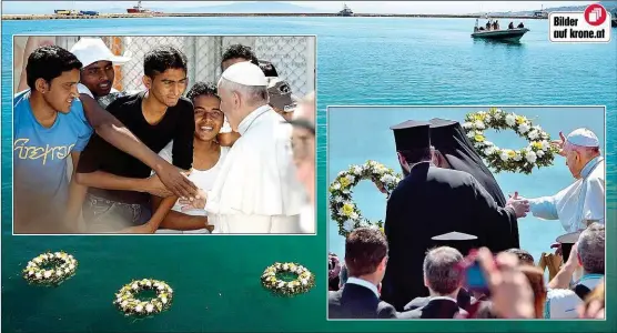  ??  ?? Gemeinsam werfen die drei Kirchenfüh­rer in einer Trauerzere­monie Kränze ins Meer. Flüchtling­e heißen Franziskus willkommen.