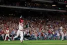  ?? Schultz/Getty Images ?? Trea Turner celebrates as he hits a tworun walk off single to defeat San Francisco in the ninth inning of a game at Citizens Bank Park on 22 August. Photograph: Rich