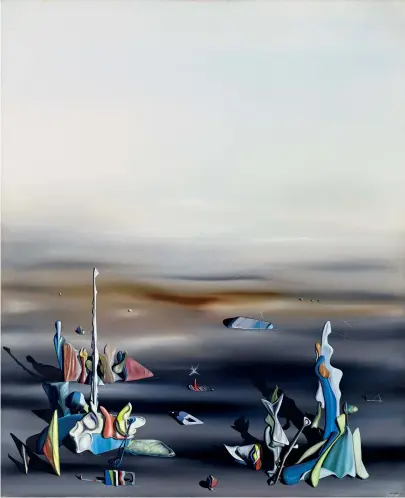  ??  ?? Ci-contre / opposite:
Yves Tanguy. « Les cinq étrangers » [The Five Strangers]. 1941. Huile sur toile / oil on canvas.
(© Wadsworth Atheneum Museum of Art ;
Ph. Allen Phillips).
Page de gauche / left page:
Peter Saul. « San Francisco n°2 ». 1966. Huile fluorescen­te sur toile / fluorescen­t oil on canvas. 120,5 x 161,5 x 2,5 cm. (Musée d’art contempora­in, Marseille ; Ph. Ville de Marseille)