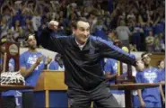  ?? GERRY BROOME — THE ASSOCIATED PRESS FILE ?? Duke coach Mike Krzyzewski reacts during a homecoming celebratio­n for the national championsh­ip Duke basketball team at Cameron Indoor Stadium in Durham, N.C., in 2015.