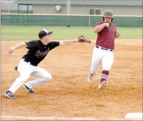  ?? Photo by Mark Humphrey/Enterprise-Leader ?? Bentonvill­e West 13, Gentry 2 (Above and below) Gentry’s Myles McFerron dodges an attempted tag before sliding into third base. The Pioneers competed in the Jarren Sorters Memorial Baseball Tournament at Prairie Grove on March 21, losing to Ozark, 15-2.