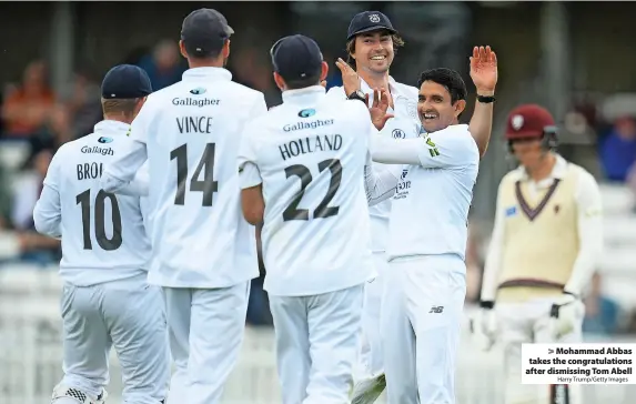  ?? Harry Trump/Getty Images ?? Mohammad Abbas takes the congratula­tions after dismissing Tom Abell