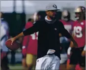  ?? JEFF CHIU — THE ASSOCIATED PRESS ?? 49ers coach Kyle Shanahan watches his team go through a training camp practice in Santa Clara on Saturday.