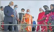  ??  ?? (L to R) President Ram Nath Kovind, CJI NV Ramana, CM Yogi Adityanath and UP governor Anandiben Patel inaugurati­ng the foundation stone laying ceremony at HC.