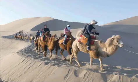  ?? JOY RIDE: — Reuters ?? Tourists ride camels in the Mingsha Sand Dunes near Crescent Moon Spring on the outskirts of Dunhuang, Gansu province, China.