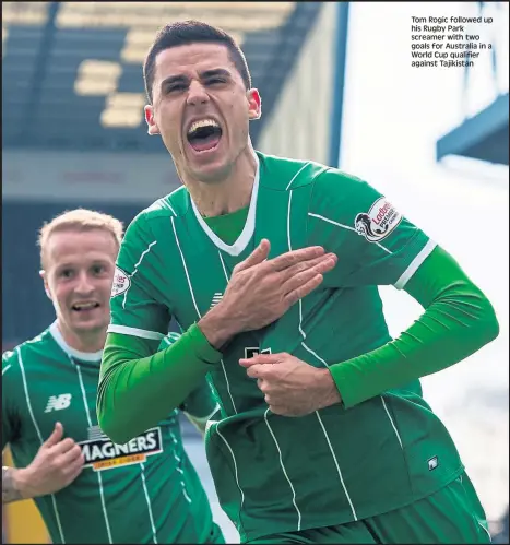  ??  ?? Tom Rogic followed up his Rugby Park screamer with two goals for Australia in a World Cup qualifier against Tajikistan