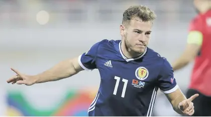  ?? Picture: EPA-EFE ?? FIRST STRIKE. Scotland’s Ryan Fraser celebrates after scoring during his first internatio­nal goal in their Uefa Nations League match against Albania in Shkoder on Saturday.