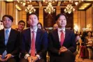  ?? Photograph: Philip Fong/AFP/Getty Images ?? Shou Zi Chew, center, with the CEO and senior vice-president of Xiaomi in 2018.