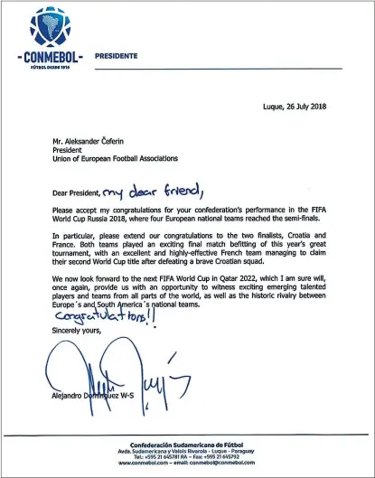  ??  ?? La carta de felicitaci­ón del presidente de la CONMEBOL al de la UEFA tras ganar Francia el Mundial